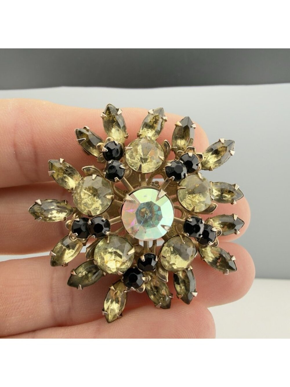 Vintage Rhinestone Brooch Floral Black Gold Aurora Borealis Dome Autumn Fall 2”